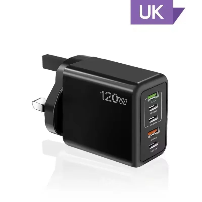 Cargador USB de 120W con 5 puertos, adaptador de pared para teléfono móvil con carga rápida tipo C para iPhone, Samsung, Xiaomi, Huawei, enchufe EU/US/UK