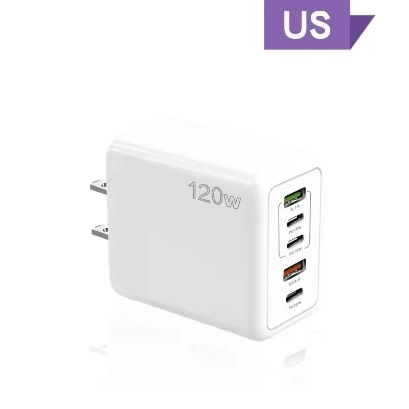 Cargador USB de 120W con 5 puertos, adaptador de pared para teléfono móvil con carga rápida tipo C para iPhone, Samsung, Xiaomi, Huawei, enchufe EU/US/UK