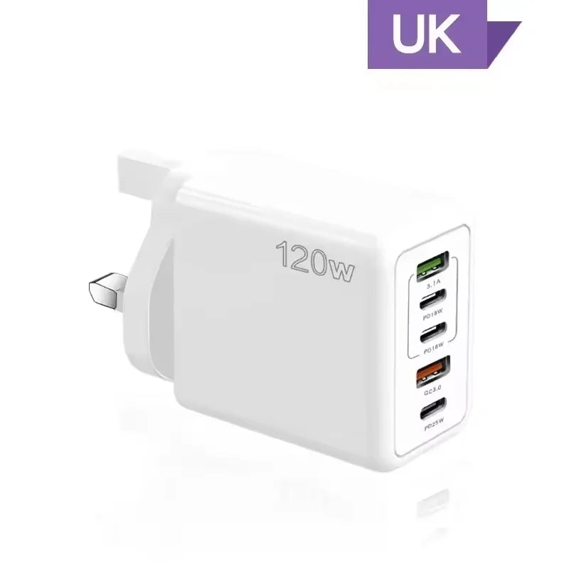 Cargador USB de 120W con 5 puertos, adaptador de pared para teléfono móvil con carga rápida tipo C para iPhone, Samsung, Xiaomi, Huawei, enchufe EU/US/UK
