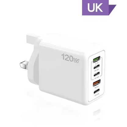 Cargador USB de 120W con 5 puertos, adaptador de pared para teléfono móvil con carga rápida tipo C para iPhone, Samsung, Xiaomi, Huawei, enchufe EU/US/UK