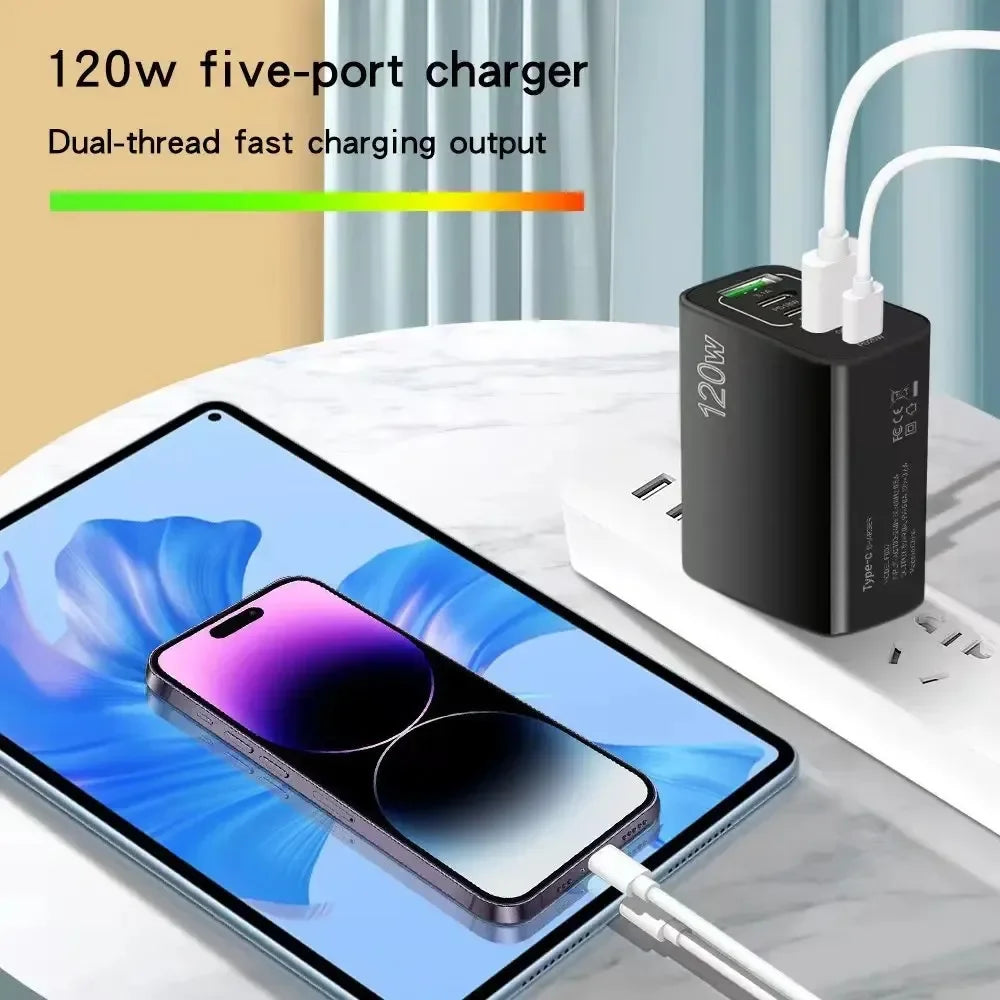 Cargador USB de 120W con 5 puertos, adaptador de pared para teléfono móvil con carga rápida tipo C para iPhone, Samsung, Xiaomi, Huawei, enchufe EU/US/UK