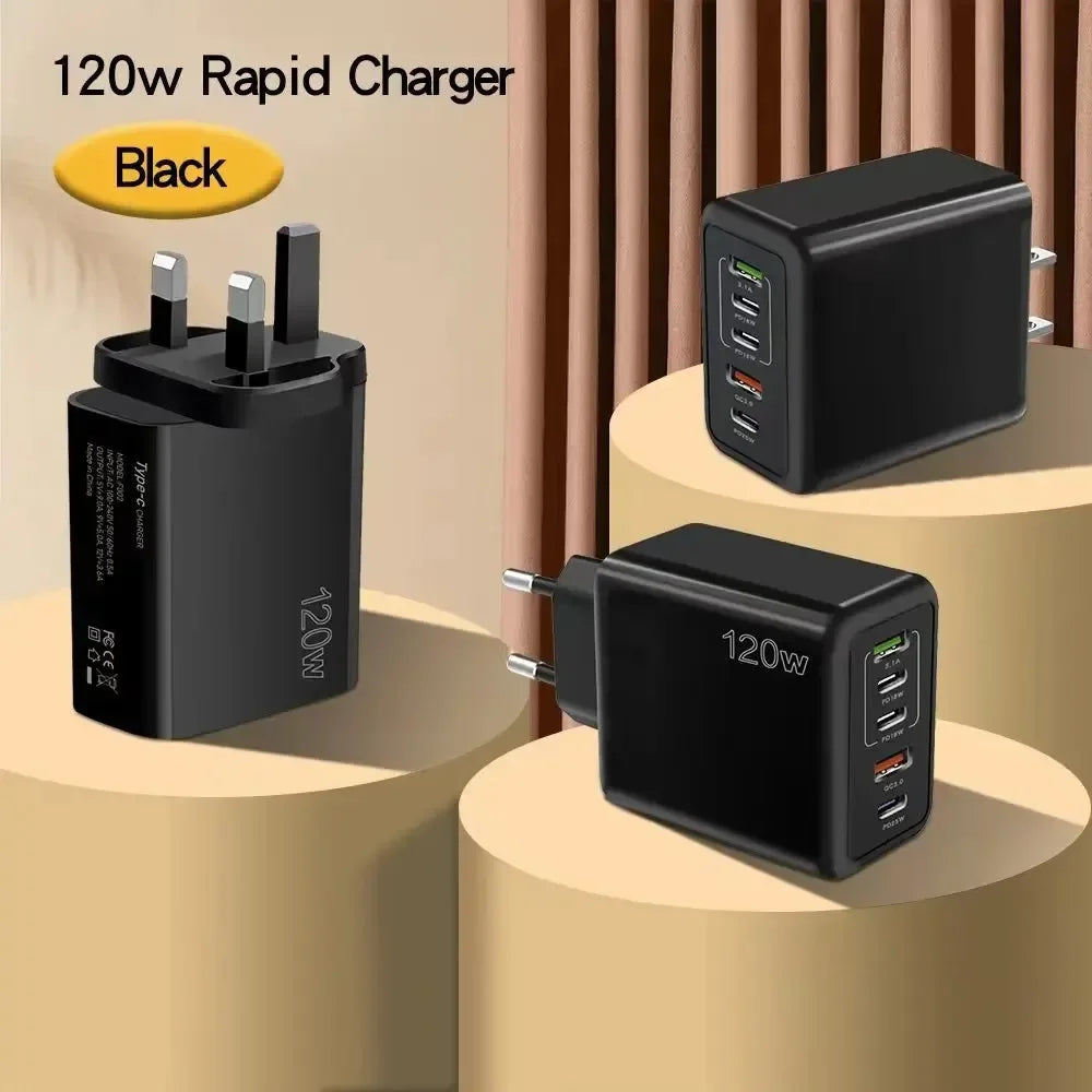 Cargador USB de 120W con 5 puertos, adaptador de pared para teléfono móvil con carga rápida tipo C para iPhone, Samsung, Xiaomi, Huawei, enchufe EU/US/UK