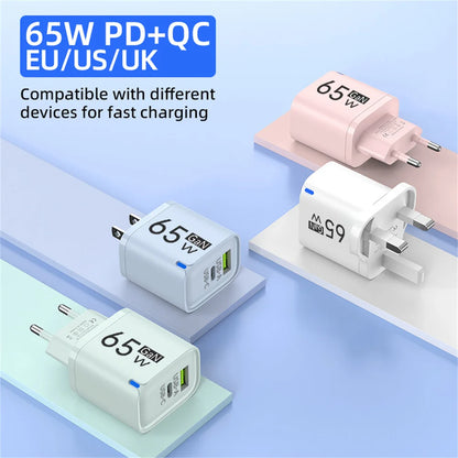 Cargador de teléfono de carga de alta velocidad de 65W para iPhone 14 13 Xiaomi Huawei Samsung Oneplus adaptador de corriente de pared de teléfono móvil de carga rápida