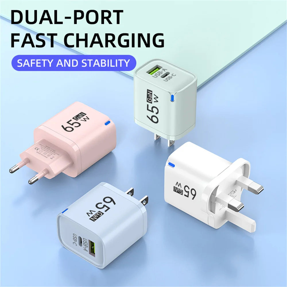 Cargador de teléfono de carga de alta velocidad de 65W para iPhone 14 13 Xiaomi Huawei Samsung Oneplus adaptador de corriente de pared de teléfono móvil de carga rápida