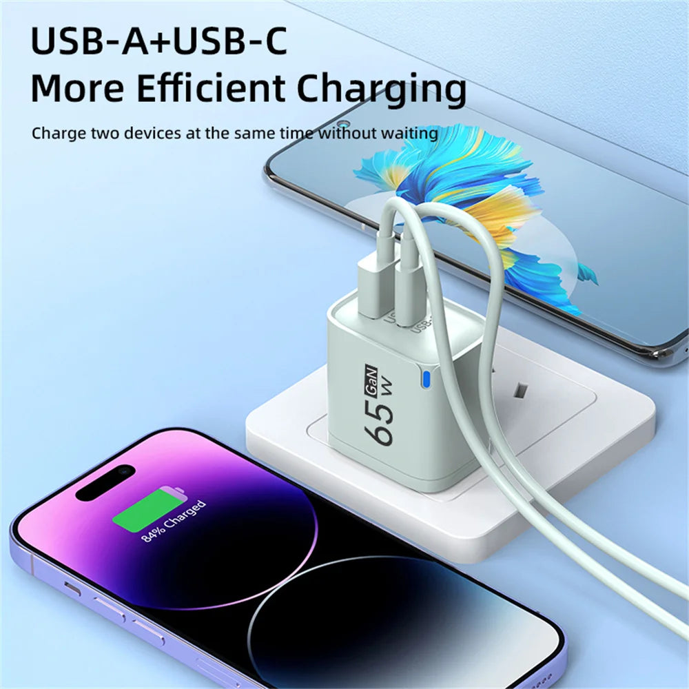 Cargador de teléfono de carga de alta velocidad de 65W para iPhone 14 13 Xiaomi Huawei Samsung Oneplus adaptador de corriente de pared de teléfono móvil de carga rápida