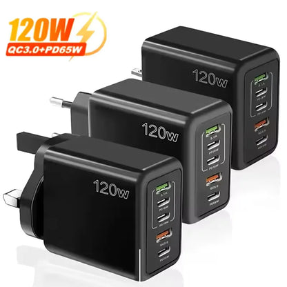 Cargador USB de 120W con 5 puertos, adaptador de pared para teléfono móvil con carga rápida tipo C para iPhone, Samsung, Xiaomi, Huawei, enchufe EU/US/UK