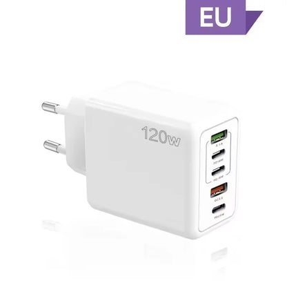 Cargador USB de 120W con 5 puertos, adaptador de pared para teléfono móvil con carga rápida tipo C para iPhone, Samsung, Xiaomi, Huawei, enchufe EU/US/UK