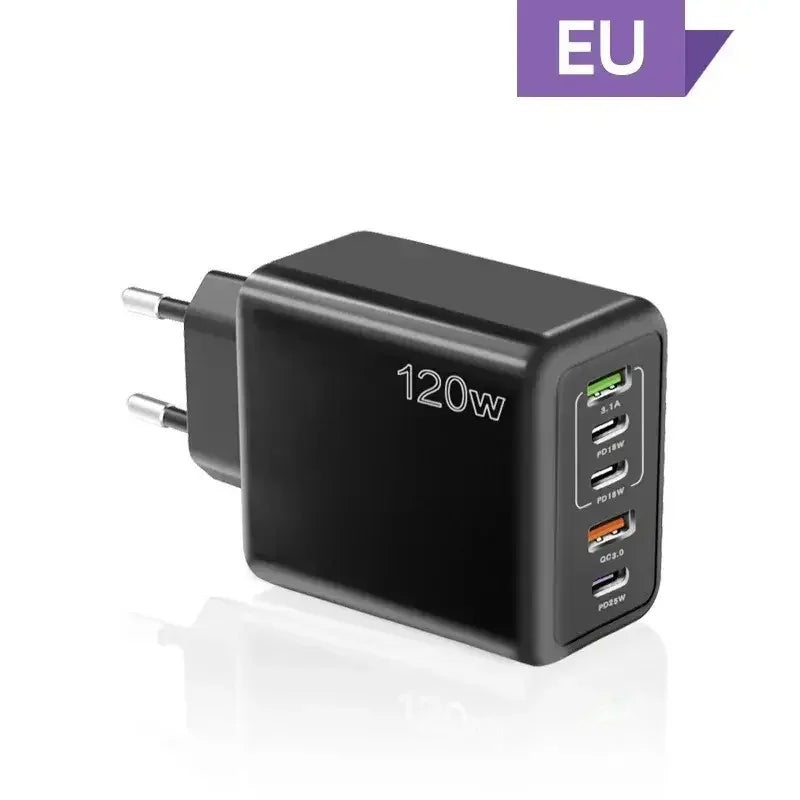 Cargador USB de 120W con 5 puertos, adaptador de pared para teléfono móvil con carga rápida tipo C para iPhone, Samsung, Xiaomi, Huawei, enchufe EU/US/UK