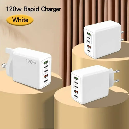 Cargador USB de 120W con 5 puertos, adaptador de pared para teléfono móvil con carga rápida tipo C para iPhone, Samsung, Xiaomi, Huawei, enchufe EU/US/UK