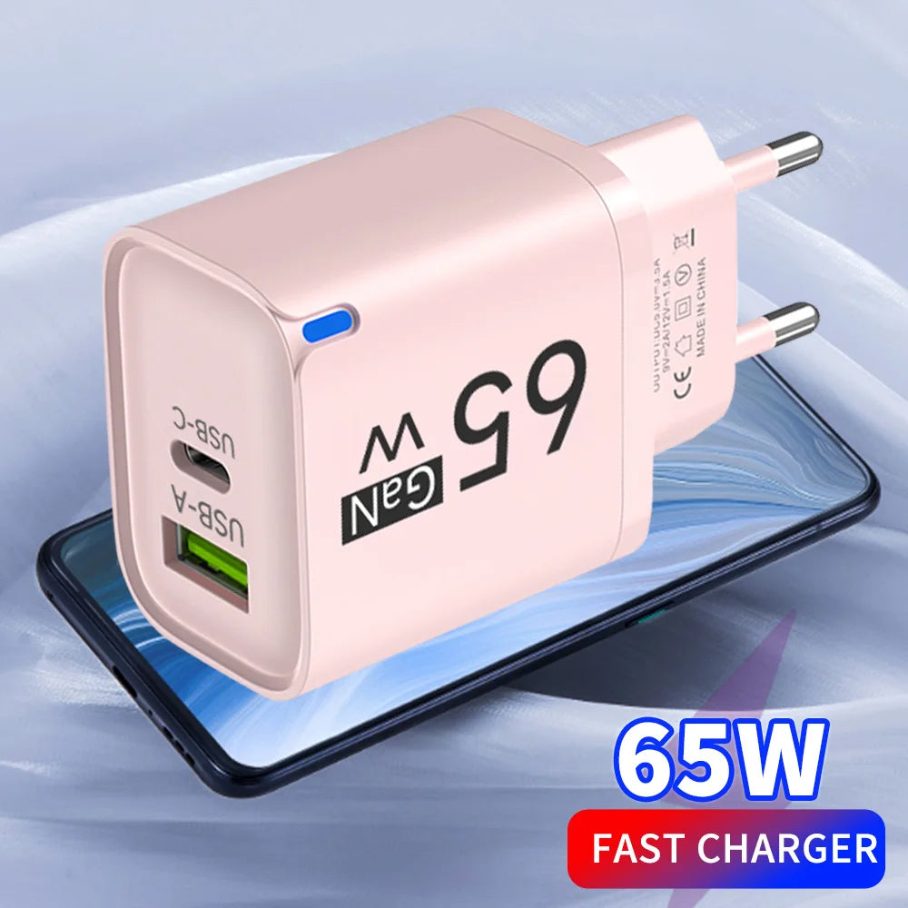 Cargador de teléfono de carga de alta velocidad de 65W para iPhone 14 13 Xiaomi Huawei Samsung Oneplus adaptador de corriente de pared de teléfono móvil de carga rápida